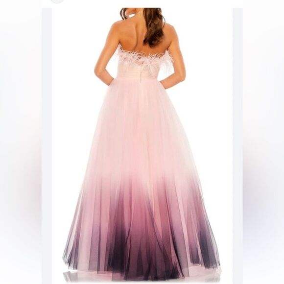 Mac Duggal 20557 STRAPLESS TULLE GOWN WITH FEATHER ACCENTS IN PINK OMBRE NWT - Picture 6 of 11